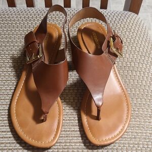 Liz Claiborne Tan Brown Leather Slingback Thong Sandals sz 7.5 Gold Accents Shoe